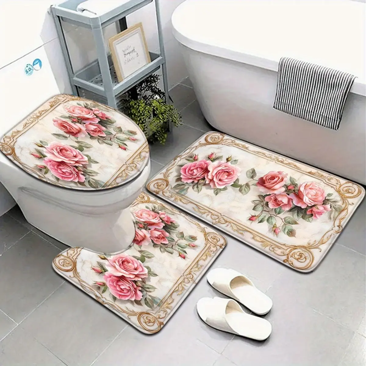 Decorative 4-Piece Lacy Floral Bathroom Set - Non-Slip Absorbent 4x4 Bath Mats, Pink Rose U-Shaped Toilet Mat, Lid Cover, Machine Washable Household Textile Bathroom Necessities Gift for Mom (Mother's Day Decor)