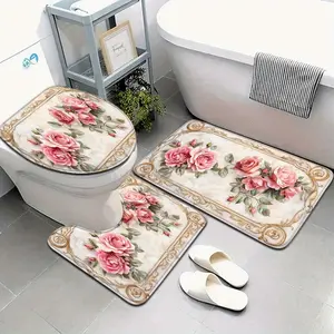 Mother's Day Pink Rose Bathroom Rug Set 4 Piece, Non-Slip Absorbent Floral Bath Mats with U-Shaped Toilet Mat & Lid Cover, Vintage Lace Flower Bathroom Decor Gifts for Mom, Machine Washable