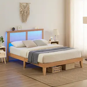 Rattan Bed Frame with Natural Rattan Headboard, LED Lights - Sturdy Wood Slats - Noise-Free Foundation - No Box Spring Needed - Bohemian Bedroom Furniture - Available in King, Queen, Full Sizes