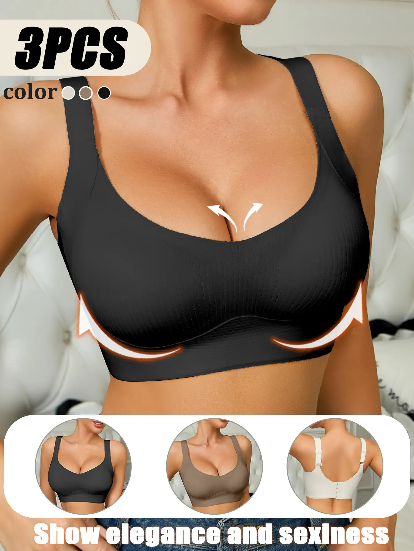 3 Pack Ribbed Wireless Wide Strap Bra, Back Smoothing Seamless Support Bra For Everyday & Workout