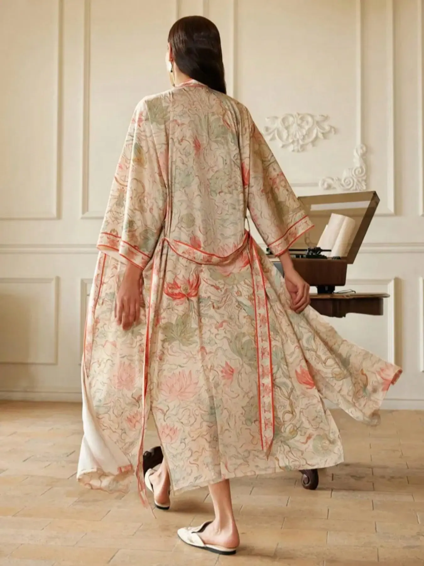 Boho Aesthetics Colorblock Floral Print Long Sleeve Bohemian Kimono Cardigan, Elegant Casual Womenswear Beachwear Cover Up Beach Cover-Up Jacket, Swimsuit Cover Up, Thin Windbreaker with Split Hem Pocket Home Bathrobe Robe, Loose Fit, Practical Pockets