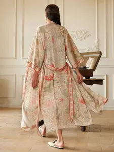 Boho Colorblock Floral Print Long Sleeve Bohemian Kimono Cardigan, Elegant Casual Womenswear Beach Cover-Up Jacket, Thin Windbreaker with Split Hem Pocket Home Bathrobe Robe, Loose Fit, Practical Pockets