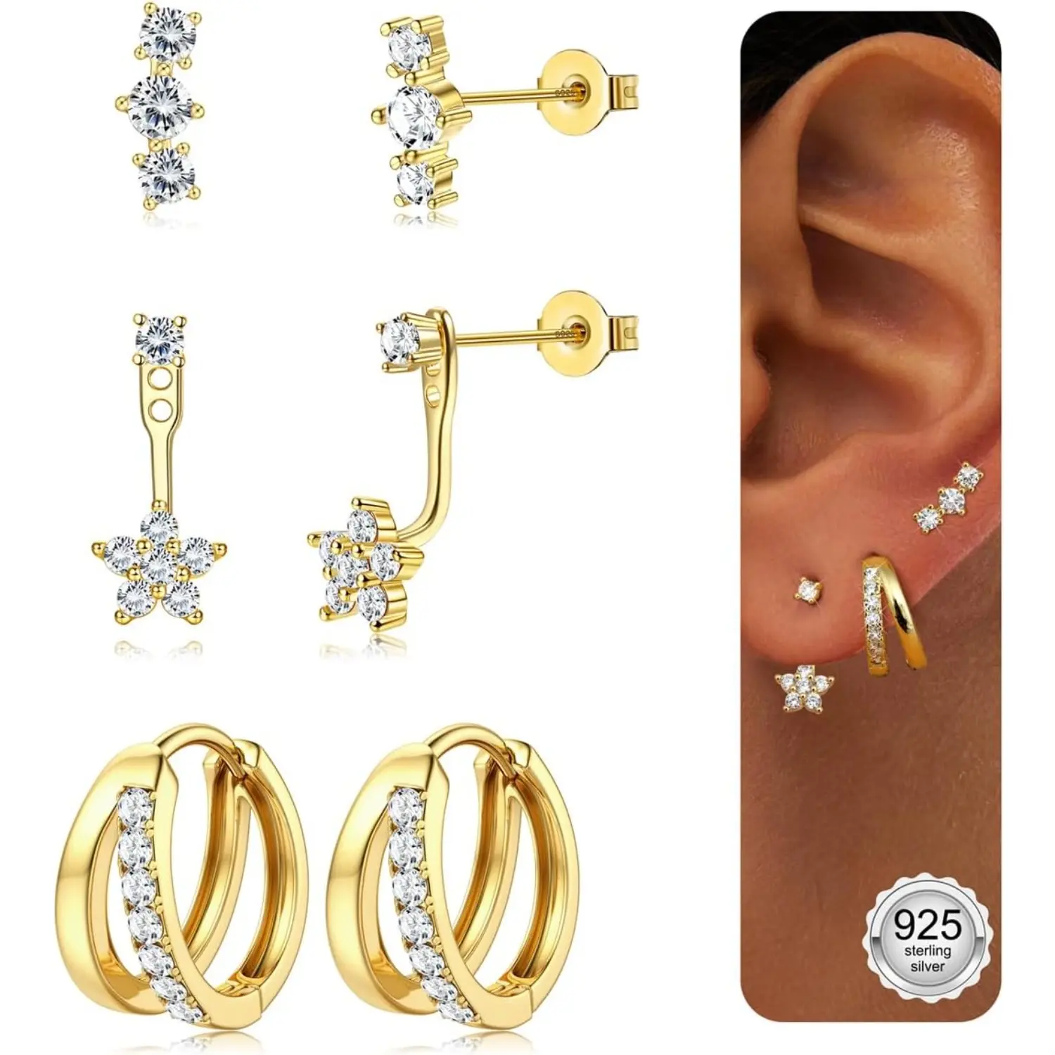 MILACOLATO 3 Pairs 925 Sterling Silver Earrings for Women Grils Hypoallergenic Silver/Gold Stud Hoops Earrings Set Dainty Studs Huggies Earings Flower Butterfly Earrings Sets for Multiple Piercings, Stud Earring Jewelry