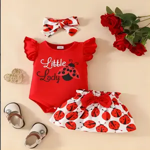 Baby girl summer bow hair with ladybug print ruffled sleeves design short sleeved jumpsuit paired with short skirt baby outfit