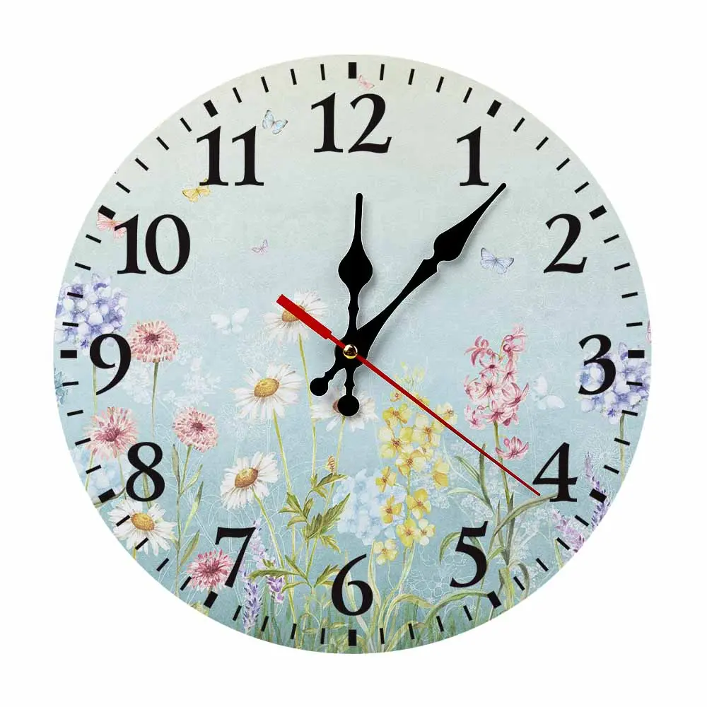 25x25cm Round Wooden Wildflower Wall Clock - Personalized Custom Photo Text Heat Transfer, Silent Quartz Movement, Easy-to-Read Hanging Bedroom Decor Gift Clock