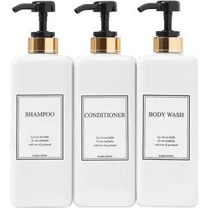 Shampoo and Conditioner Dispenser - Modern Gold Design Large 27oz Shower Soap Dispenser Set of 3, Refillable Empty Plastic Pump Bottles for Bathroom, 6 Waterproof Labels Included, Black