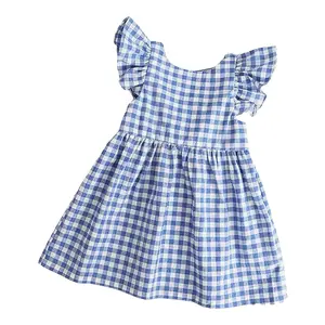 L.W. Clothing Company Navy Gingham Ruffle Girls Dress Baby Toddler Bowknot Casual Party A-Line Sundress 100% Cotton Soft Breathable Design