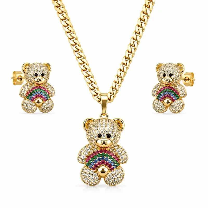 COD#2066. Gold Color Rainbow Bear Pendant Necklace & Earrings Set for Women
