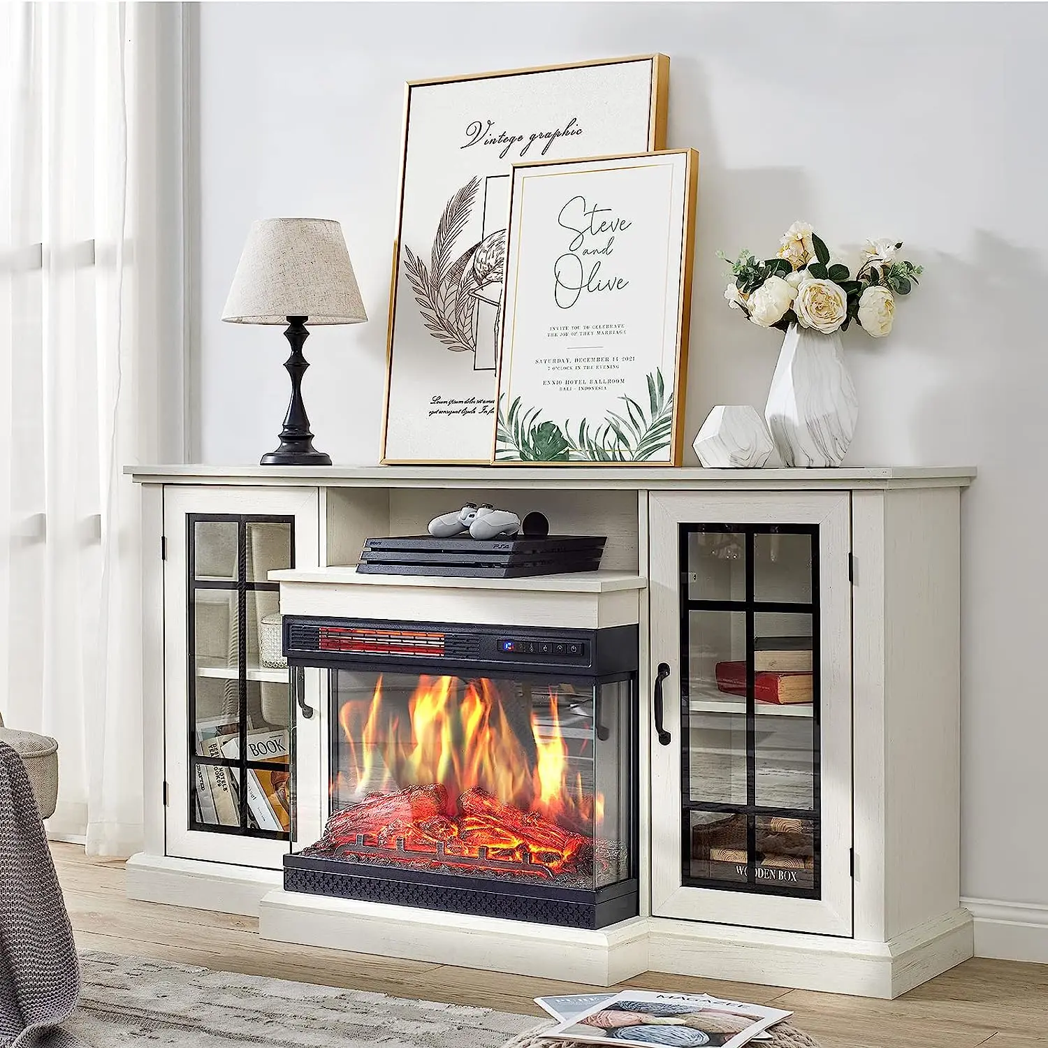 [Ships in 2 Boxes] AMERLIFE 3-Sided Glass Fireplace TV Stand for TVs up to 65'', Media Entertainment Center Console Table with Door Closed Storage, Distressed White/Best Gift Ideas/Christmas Gifts[tiktokshopbacktoschool][SohoChic]