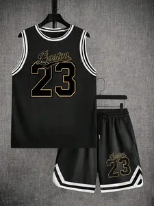 Men's Boston 23 Basketball Jersey & Shorts Set, Sleeveless Athletic Tank Top With Matching Shorts, Sportswear For Training & Game, Athletic Outfits