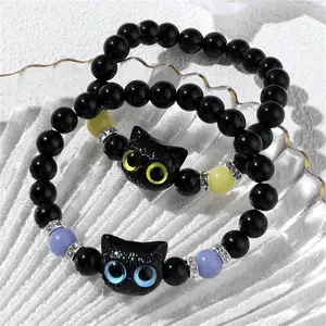 Cute Big Eye Cat Bracelets Glow-In-The-Dark Bracelet For Women Pendant Beaded Hand Chain Friendship Couple Bracelet Jewelry Gift