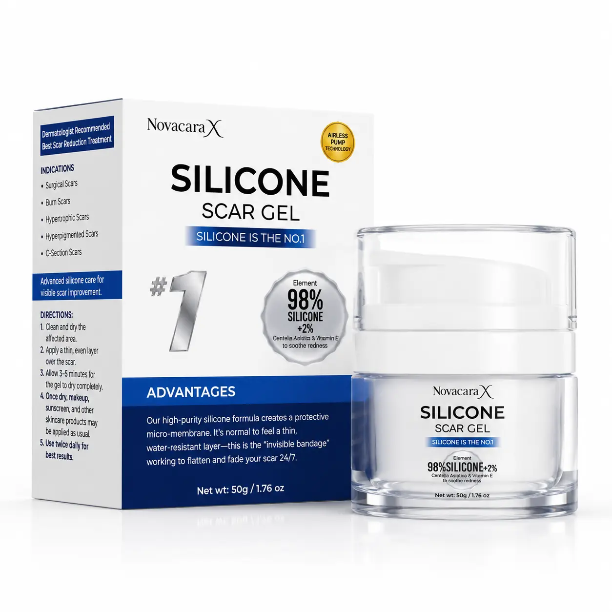 NOVACARA X 98% Silicone Scar Gel, Medical-Grade Treatment to Smooth Scars from C-Section, Surgery & Acne, Transparent Moisturizer for Sensitive Skin, Scar Removal Gel