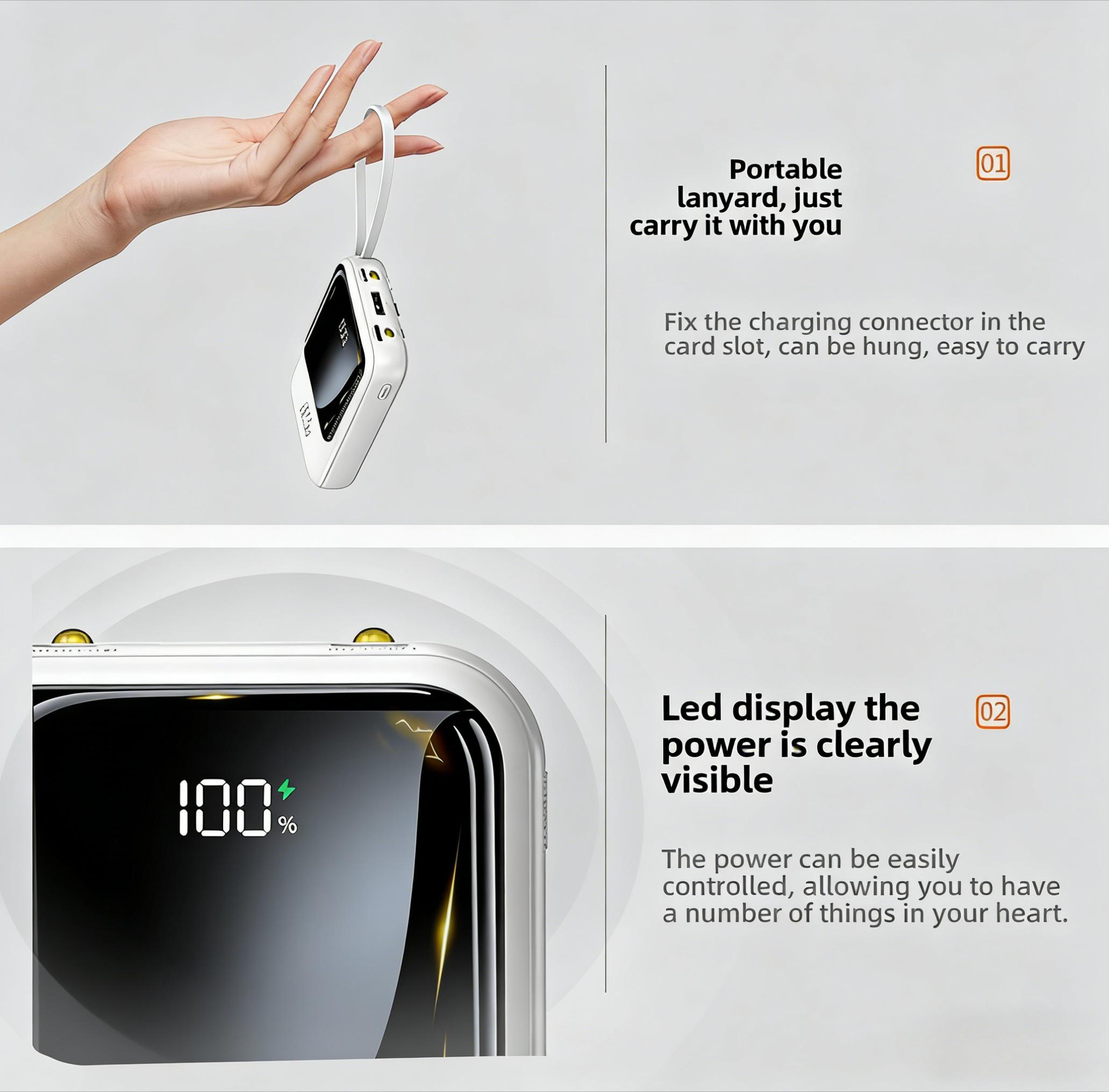 22.5W/PD20W Fast Charge Portable Power Bank with 4 Built-in Cables, LED Digital Display, 4 Output 3 Input, Compact USB-C Charger for iPhone & Android