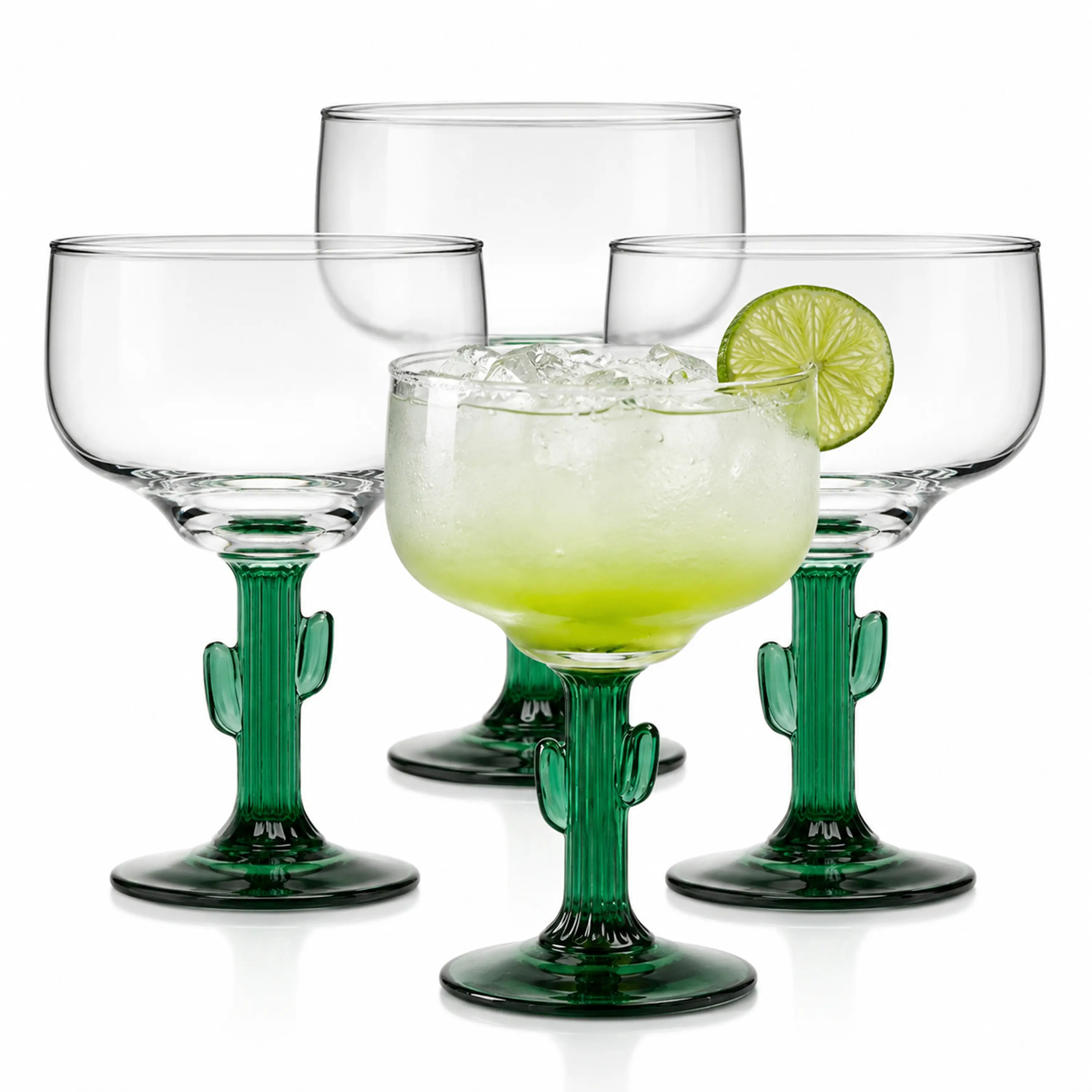 Libbey 3620JS Cactus Margarita Glasses Set of 4, Durable Green Stemmed Cocktail Glasses, 16 Oz Clear Bowl Lead-Free Cactus Glassware