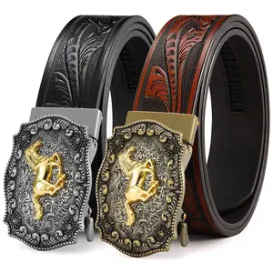 Men’s Western Cowboy Style Men Leather Automatic Ratchet Belt With Distressed Silver Buckle And Gold Embossed Horse, Exquisite Floral Embossed Belt Strap, Perfect Gift For Valentine's Day And Father's Day