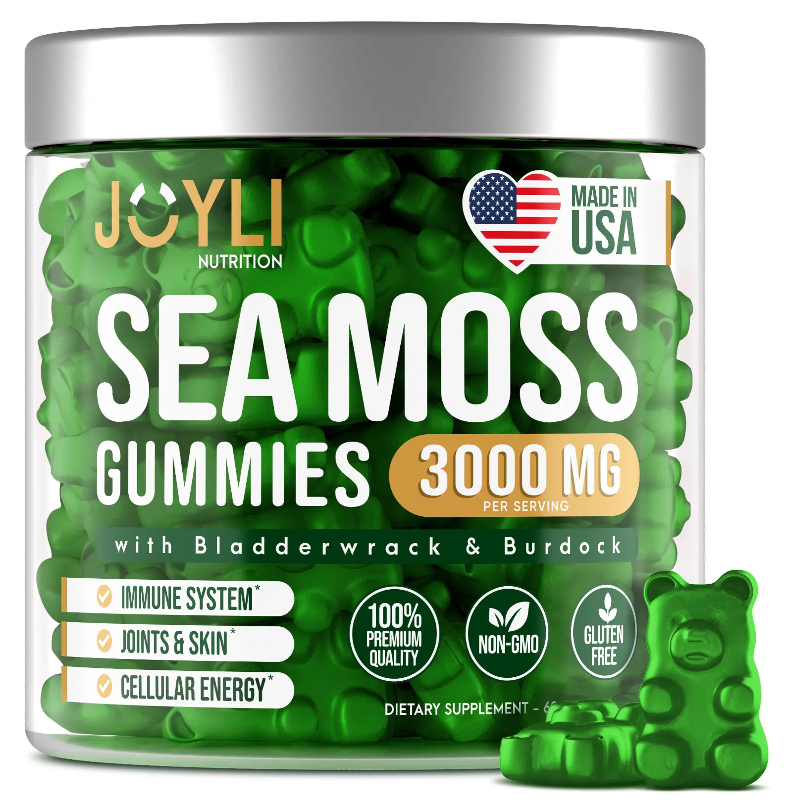 JOYLI Nutrition Sea Moss Supplement Gummies with Bladderwrack & Burdock for Immune Health, Skin, Joints & Thyroid Support - 60 Gummies