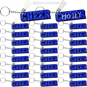 24 Pcs Cheer Keychain Bulk Acrylic Cheer Team Gifts with Tassel and Marker Pen DIY Name Cheerleading Gifts Blue Cheerleader Keyrings for Team Cheerleader Party Favors Sports Accessory