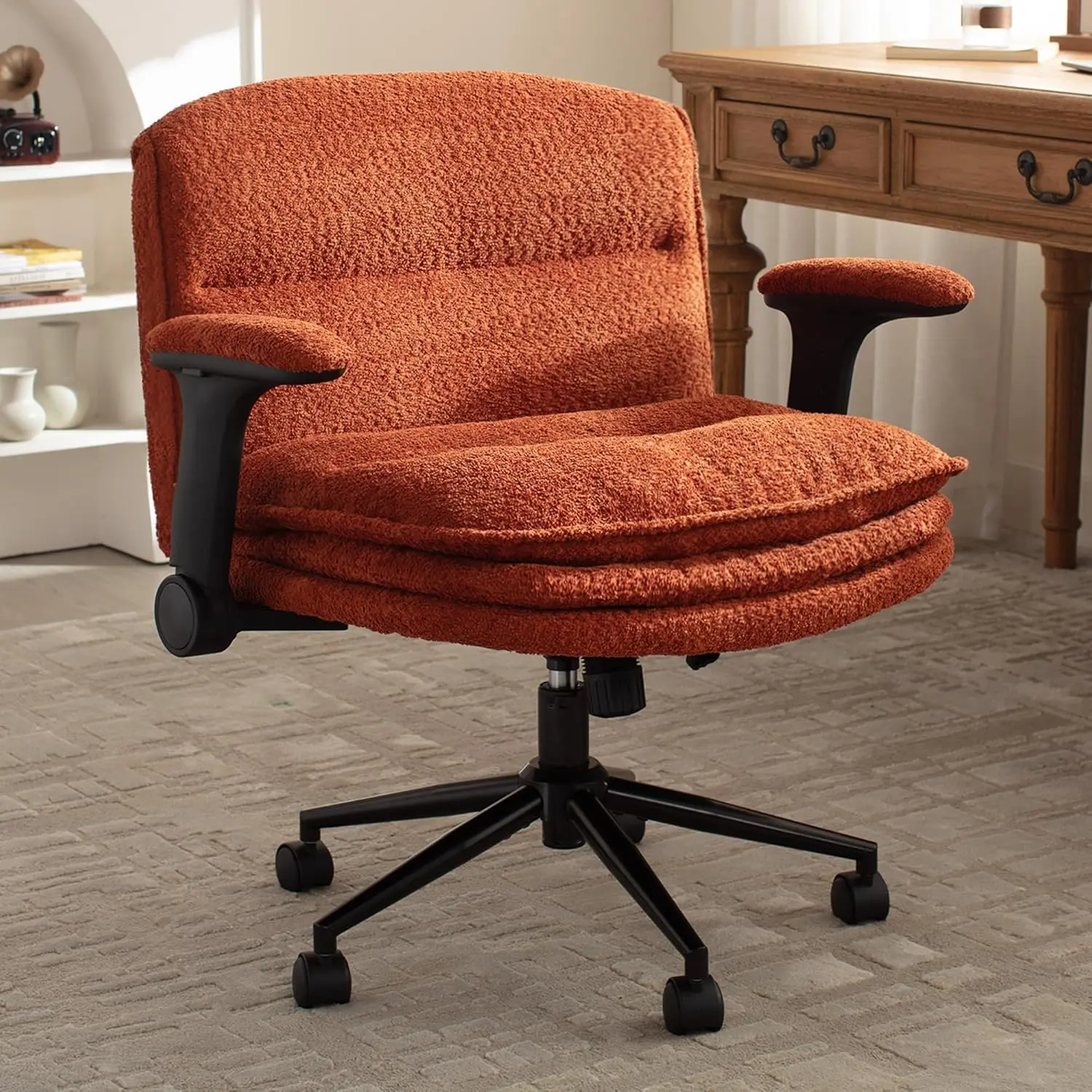 [DealsForYouDays] Extra Large Criss Cross Chair, Oversized Chair with Adjustable Flip-up Arms and Wheels, Comfort Ergonomic Office Desk Armchair with 3 Layer Cushions, Wide Seat Vanity Chair for Home Office, Living Room, Bedroom,dorm essentials,home decor