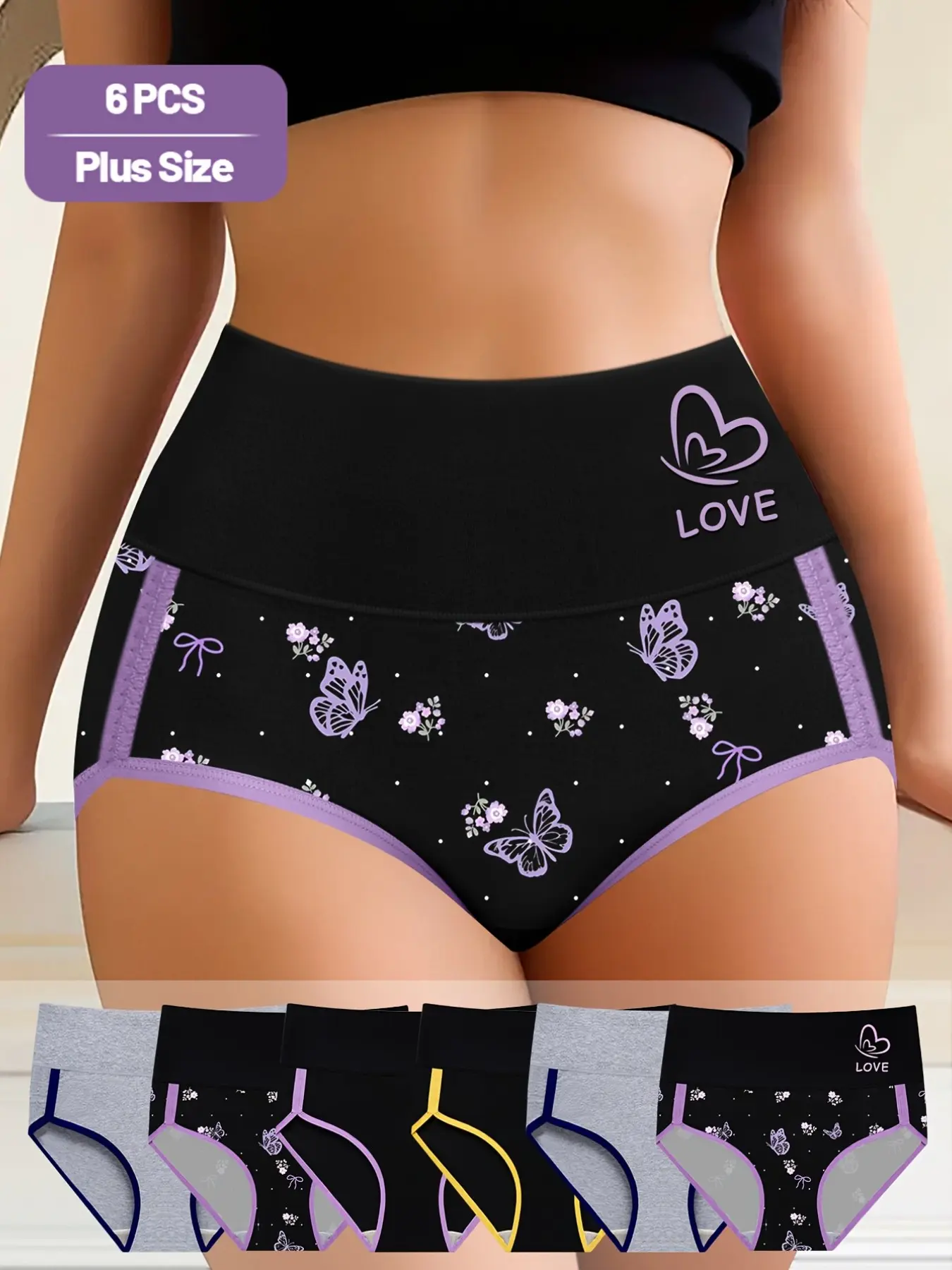 Women's Plus Size Underwear Set, Lady, Comfortable Mid-Waist Panties, Colorblock Print Design, print briefs panties, Waist Cinching, Pack of 6, Fit, Womenswear, Matching Panties