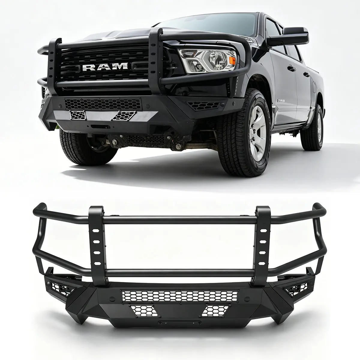 WOLFSTORM Custom Fit Modular Front Bumper for 2019-2024 Ram 1500, Heavy-Duty Steel, Includes 1 x Front Bumper-Main Body, 2 x Side Wings, Bull Bar & Accessories