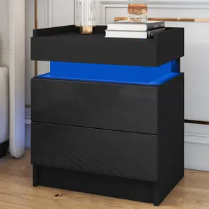 Nightstand Modern 2 Drawers Nightstand LED black Bedside Table with High Gloss Black Nightstand with Border Desktop Smart Night Stand Bedroom Side Table for Bed 21.5in Tall sofa  table  light  behind  couch nightstand drawer nightstand wood drawer