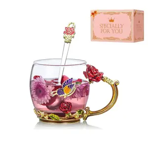 Enamel Rose Butterfly Drinking Cups & Spoons Set - 12 Ounces Glass Coffee Mugs - Unique Gifts for Birthdays, Weddings, Christmas, Valentine's Day - Red Rose Mugs