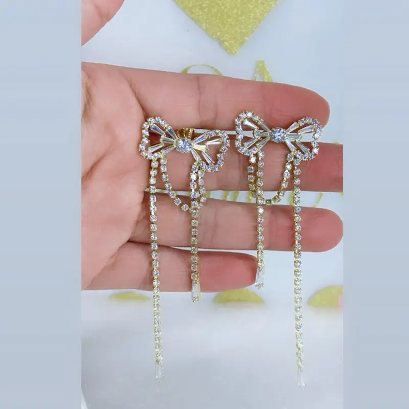 Bow Long Stud Earrings #0055 14k Laminated Gold Hypoallergenic 3 Layers Protection Daily Use High Quality