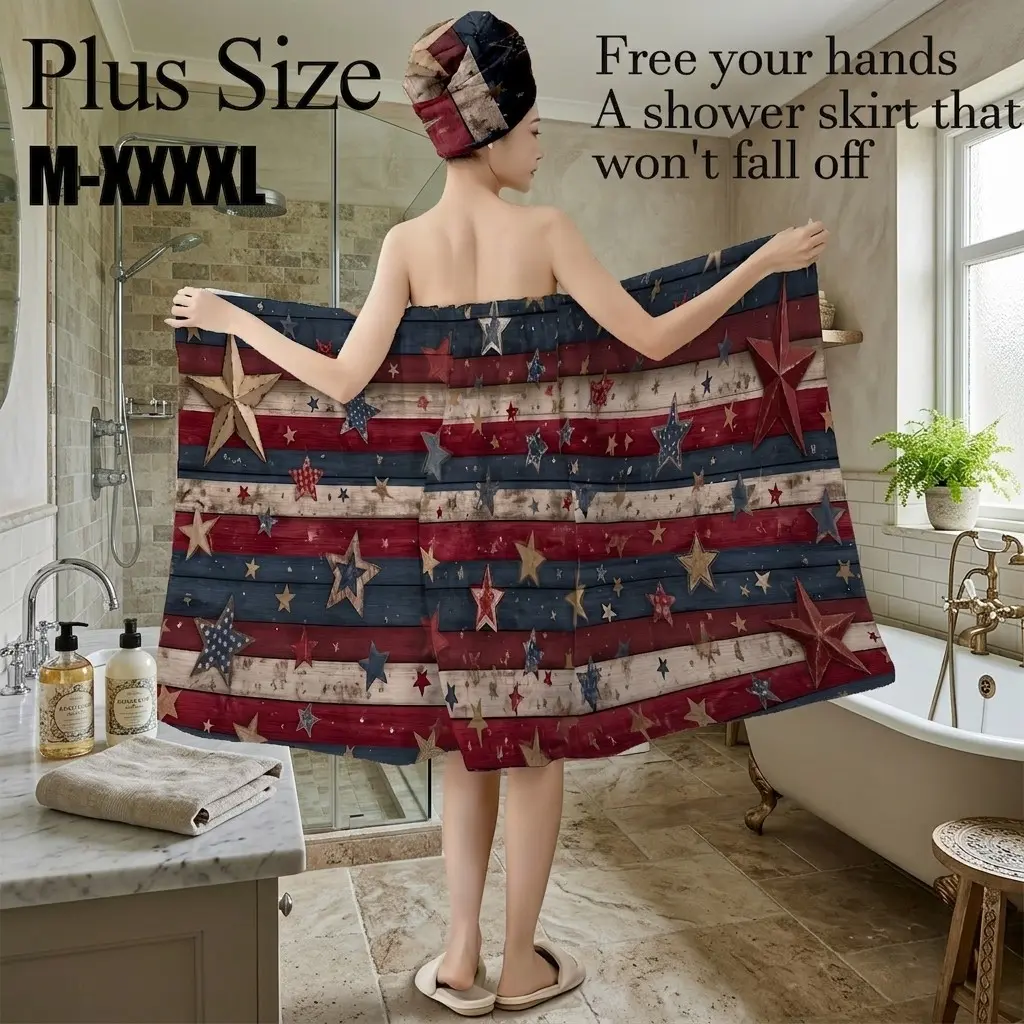 2 Pcs Plus Size M-XXXXL American Flag Vintage Star Print Bath Wrap Skirt & Hair Towel Set, Non-Slip Adjustable Shower Skirt for Bathroom, Spa, 4th of July, Patriotic Party