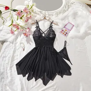 AgeRose Women's Elegant Soft Comfortable Black Lace Babydoll Lingerie Set - Deep V Cross-Strap Mesh Nightgown with Thong, Women's Loungewear for Valentine's Day Gift