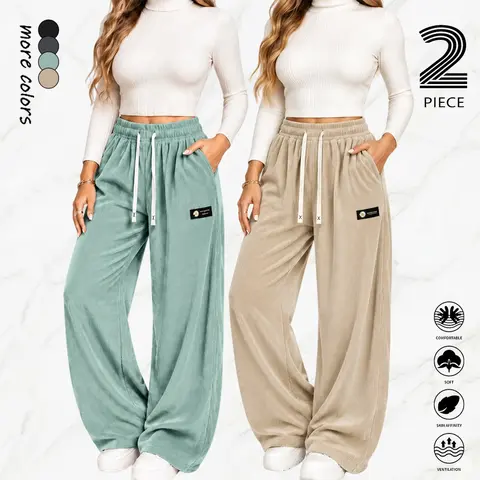 Women’s 2-Piece Corduroy Activewear Set - Mid-to-High Waist Wide-Leg Pants with Drawstring Waistband, Lightweight, Breathable, Fluid Drape, Detailed Label Embellishments, Comfortable Athletic Hems, Everyday Elegant Style Sports Clothes