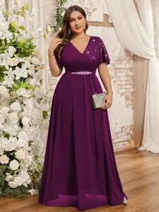 MISSMAY P54502A Plus Butterfly Sleeve V-Neck Floral Lace Contrast Chiffon Rhinestone Ribbon Waist Evening Party Maxi Dress, Wedding Guest Dress, New Year Dress, For Birthday, Graduation, Homecoming