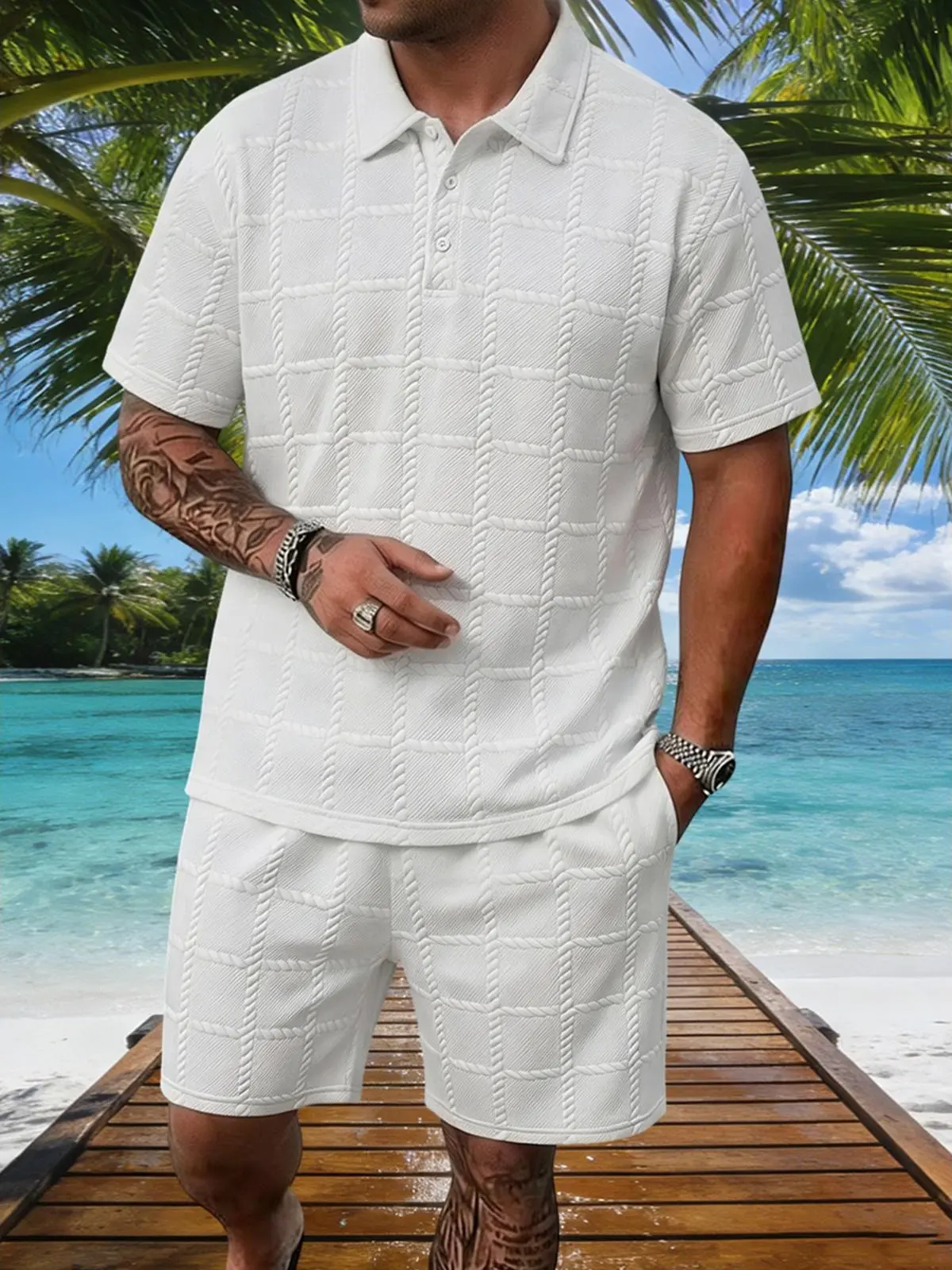 Men's 2-Piece Suit, Textured Tropical Beach Wear, Coordinated Gym Clothes with a Customizable Fit, Shortsleeve, Two-Piece
