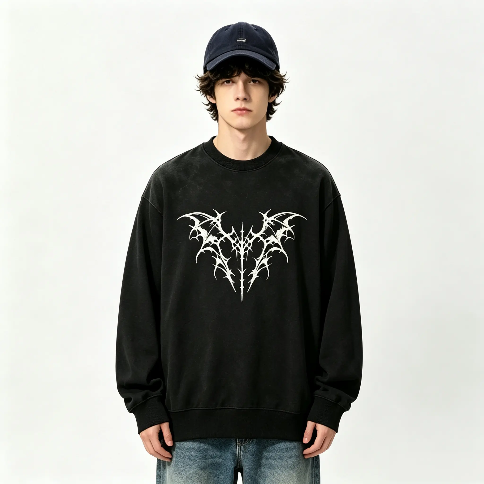 Men's Vintage Washed Gothic Bat Thorn Graphic Crewneck Sweatshirt Oversized Streetwear for Daily Urban Outfits Hoodie Menswear