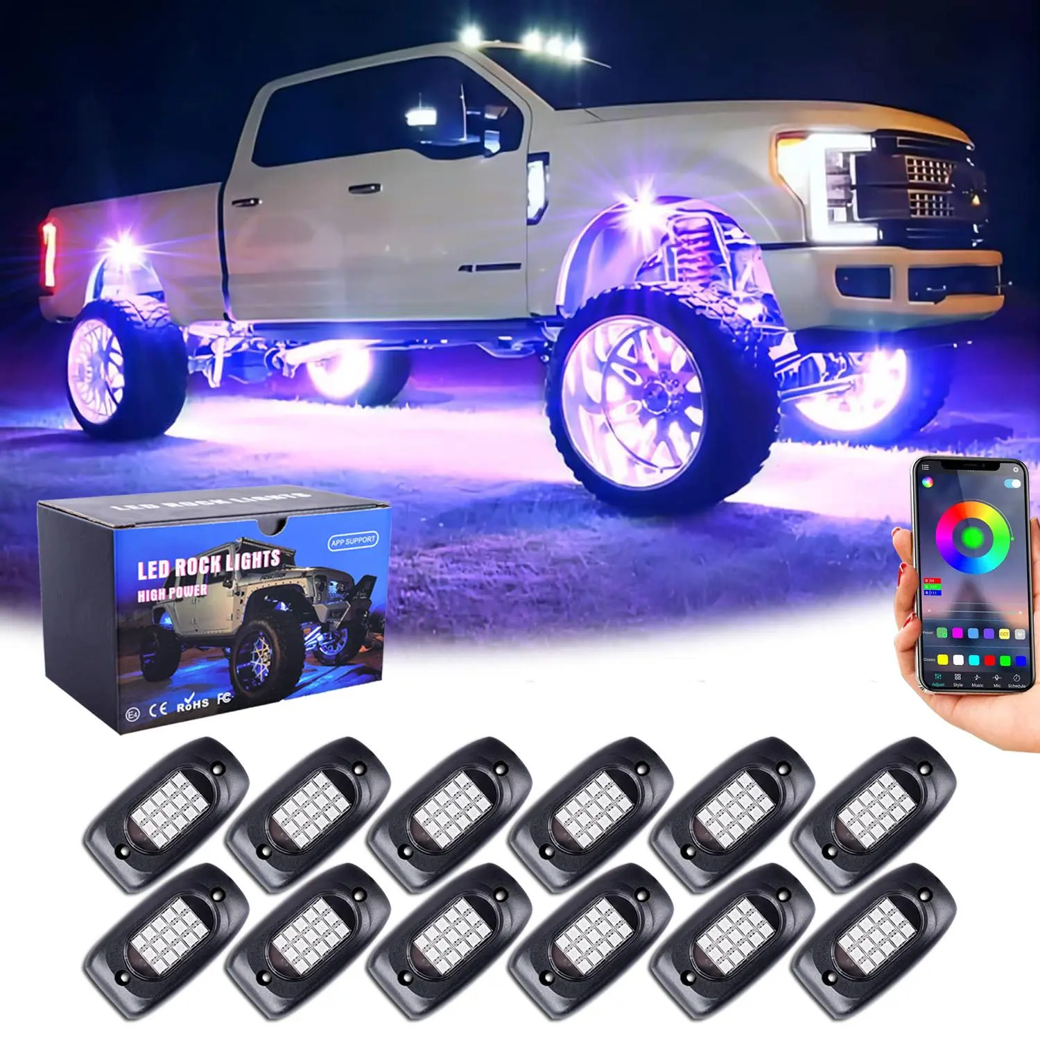 RGB Rock Lights for Car Underglow – 4/8/10/12PCS, APP Control, Music Sync, Brake Sensing Turns Red, Universal Fit for SUV Jeep Truck Off-Road