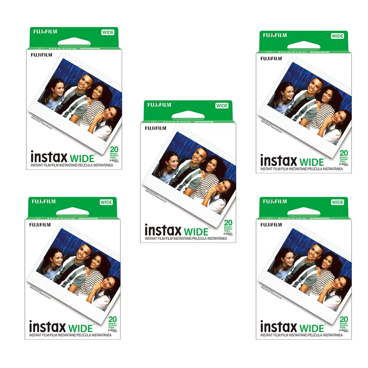 Fujifilm 5 Pack 20-Pack Instax Wide Instant Color Print Film, ISO 800