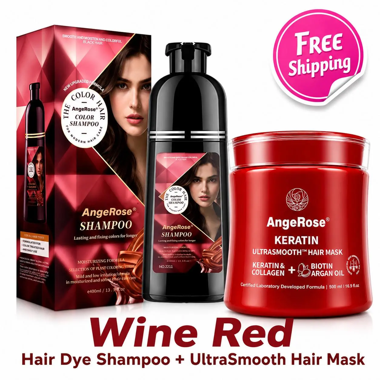 AngeRose Hair Treatment Set – Hair Color Shampoo, Hair Mask– Enriched with Honey Extract, Jojoba & Argan Oil, and Vitamins A, E & B5. Leave-in Anti-Frizz Hair Serum for Smooth, Hydrated Hair.