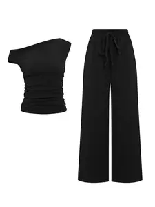 Women's Versatile Solid Color Sloping Shoulder Shirred Slim Top & Wide Leg Trousers Co-ord Womenswear