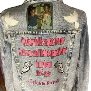Lightweight Memorial Denim Jacket - Casual Women's Jacket with Embroidered Message and Graphic Design - Womenswear Comfort Aesthetic Fashion Outerwear Long Sleeve Coats