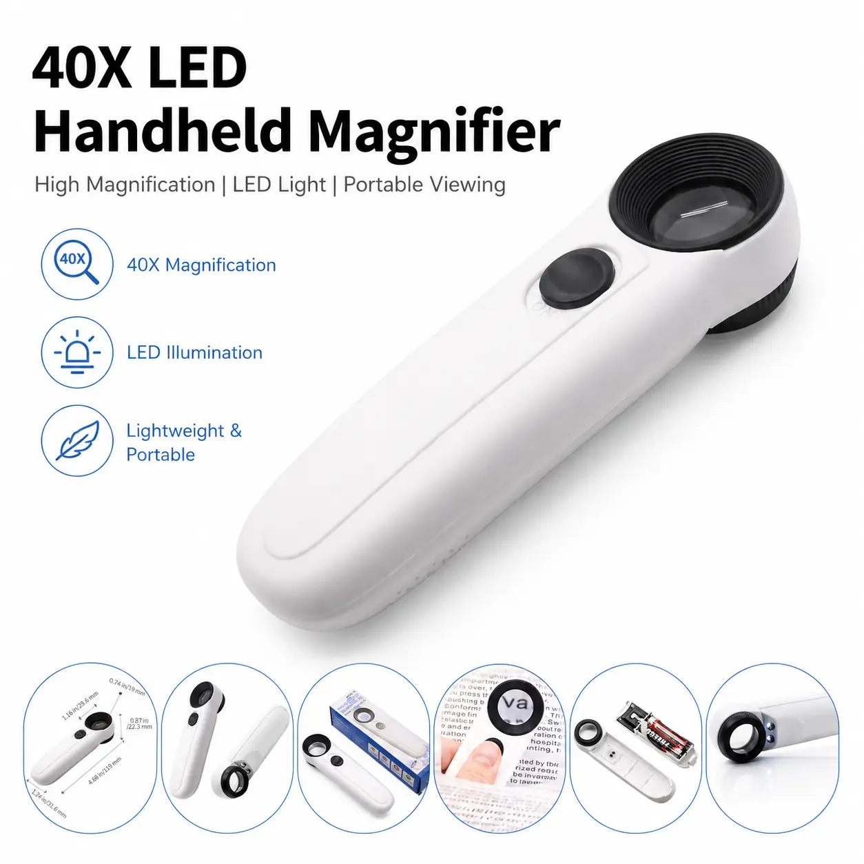 40X LED Handheld Magnifier with Light, Portable High Power Magnifying Glass for Reading Small Print, Jewelry, Coins, Stamps, Electronics Repair & Detail Inspection
