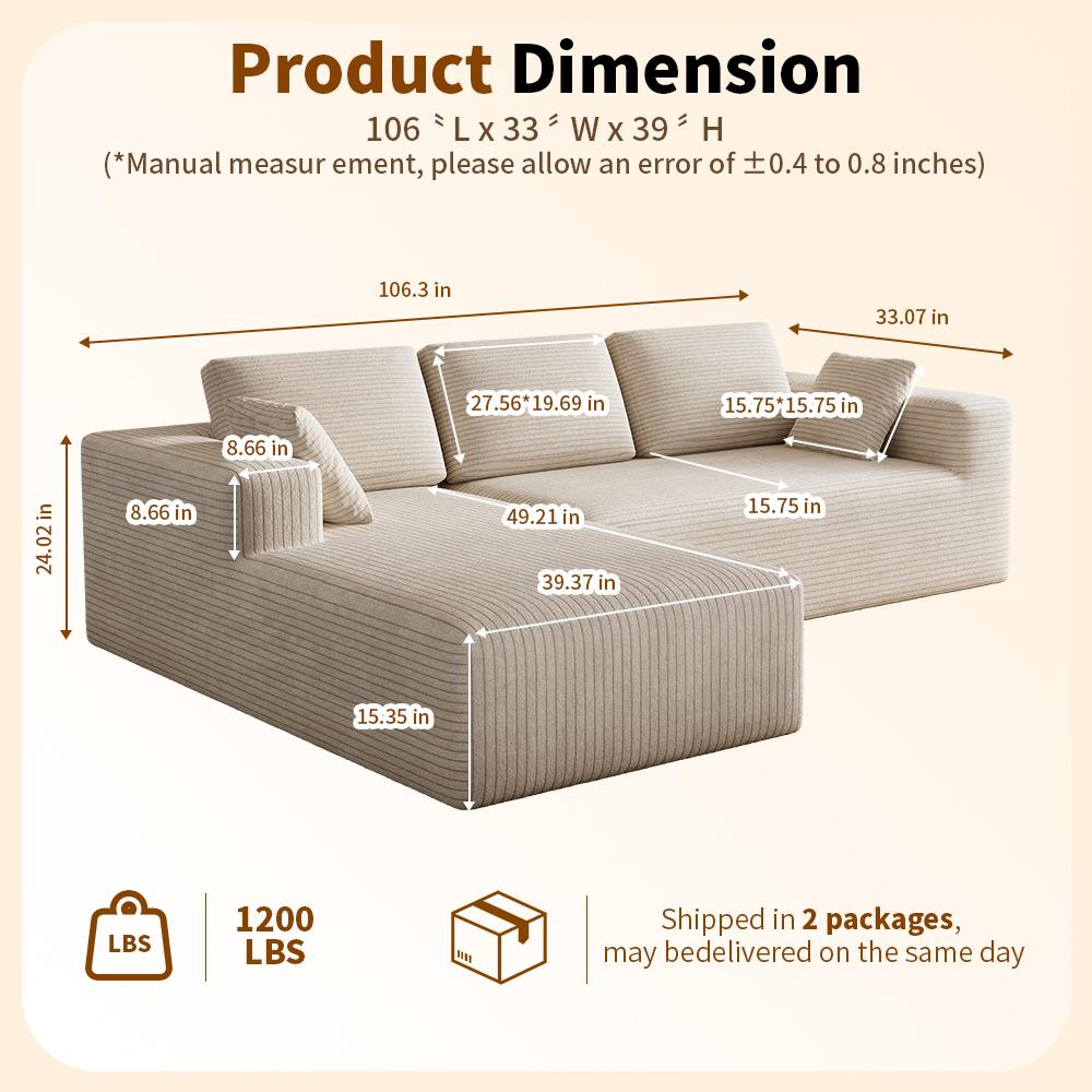 DIGWAC Modern Modular L-Shaped Recliner Sectional Corduroy Sofa with Fixed Arms - Comfy Couch, Durable Furniture for Living Room/Apartment, Upgraded Pocket Spring Base, Soft Fabric, Layered Memory Foam, Deep Seat, Pre-Assembled, Ships in 2 Packages, Sturd