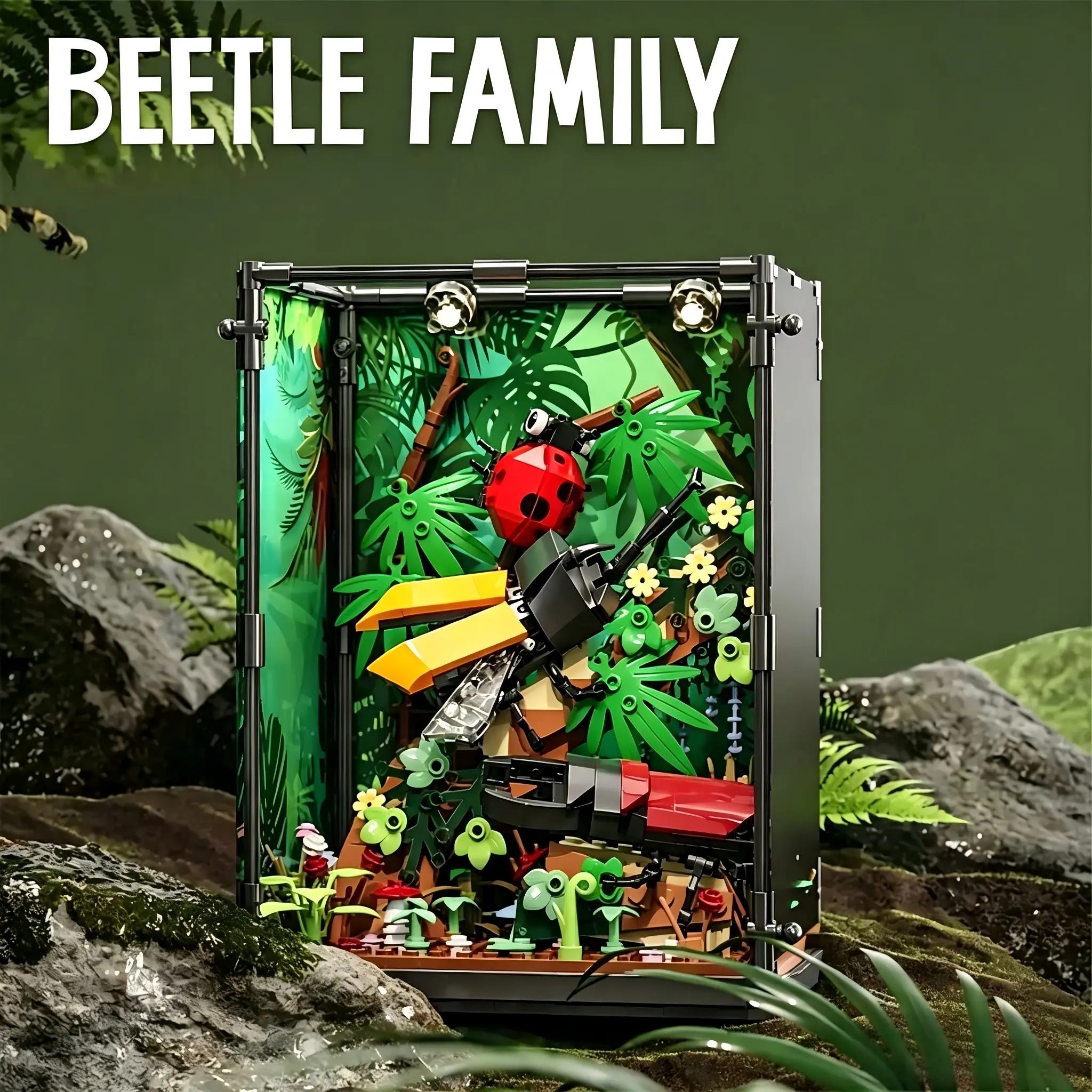 Beetle Habitat Building Set with LED Light, ABS Insect Terrarium Model, Tropical Rainforest Display Kit, 3D Beetle Ecosystem Assembly Toy for Kids Teens & Insect Lovers