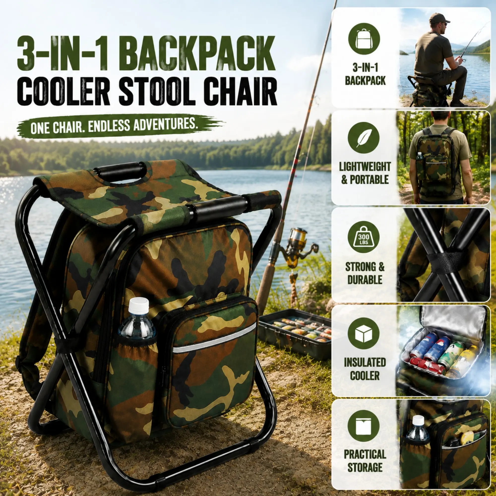 Wstrnix Camo Portable Backpack Stool, 3-in-1 Oxford Folding Cooler Chair for Fishing & Camping, Lightweight with Insulated Bag, Supports 300 lbs, Fishing Gear Supplies, Multifunctional Fishing Accessories