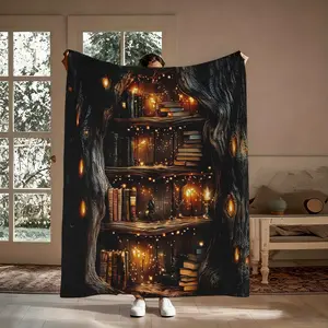 Magic Tree Bookshelf Print Flannel Throw Blanket, 1 Count Soft Warm Cozy Blanket, Fantasy Library Decor Blanket for Couch Bed Sofa, Warm Nap Blanket for Home Office（