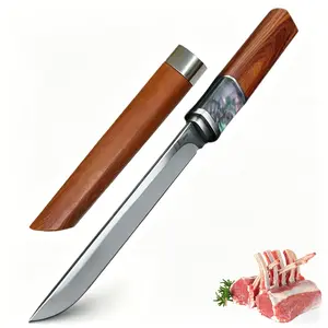 Japanese kitchen knife with wooden handle, stainless steel sharp blade, suitable for cutting meat, vegetables and fruits in home kitchen. It can also be used by professional chefs for making sashimi and sushi. Its appearance is both elegant and practical.