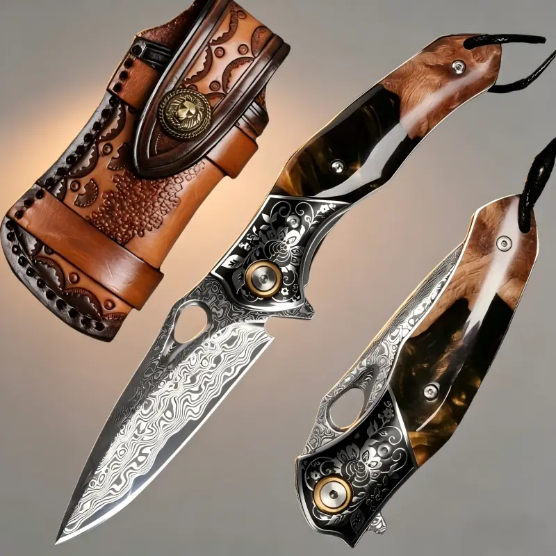 Damascus Folding Kitchen Knife - Hand-Forged Sharp Blade, Rainbow Fan Shell Handle, Exquisite EDC Survival Tool for Collector Gifts, Men's Birthday Presents