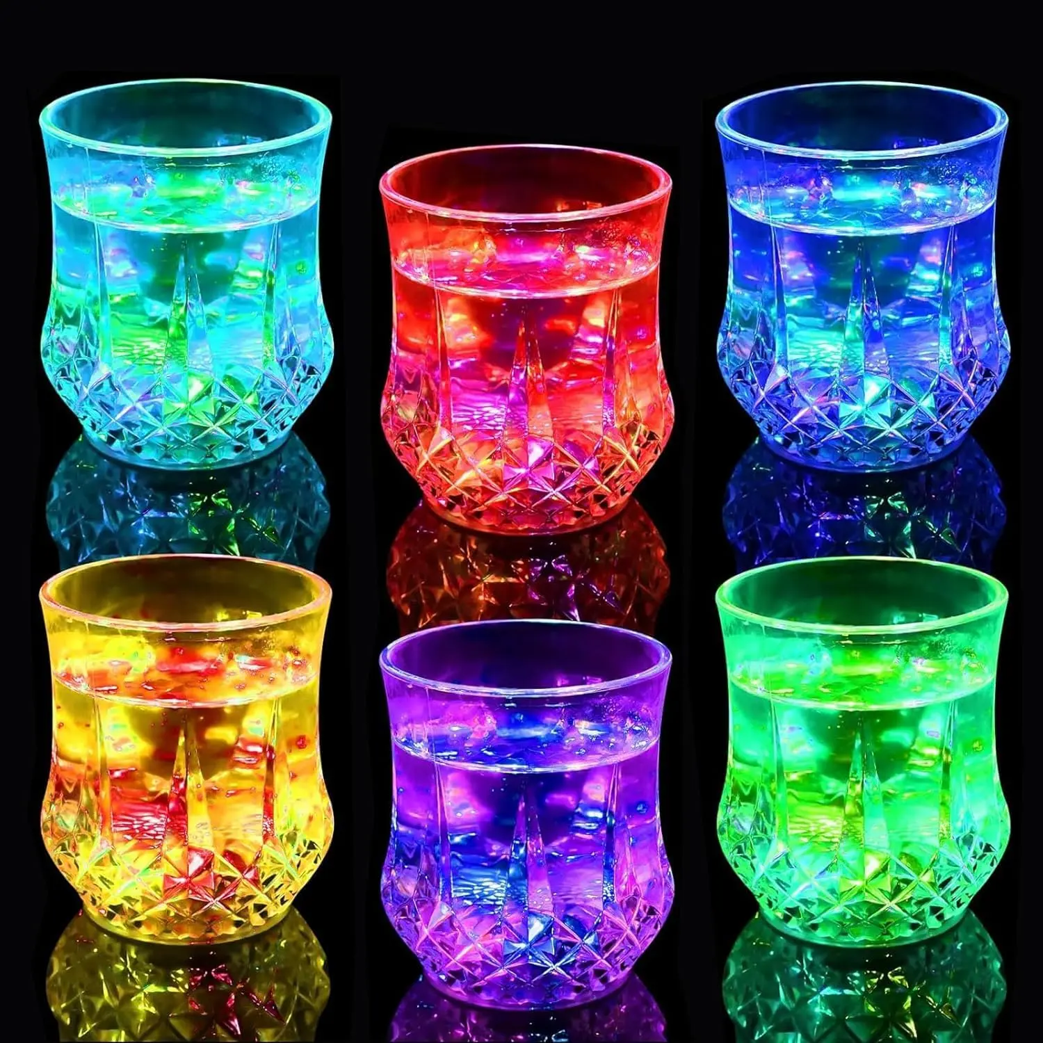 Neon Glow Multicolor LED Light-Up Shot Glasses - Diamond Carve Water-Sensing Flashing Plastic Drinkware, Colorful Cups Glasses for Nightclub, Birthday, Carnival Party Decor