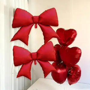 7-Piece Heart Bowknot Balloon Set, 18-Inch Aluminum Foil Hearts, Perfect for Valentine's Day, Weddings, Birthdays, Holiday Decorations