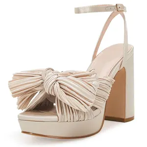 Women's Pleated Bow Knot Platform Heeled Sandals Open Toe Chunky Block Heel Ankle Buckle Strap Bridal Wedding Dress Shoes