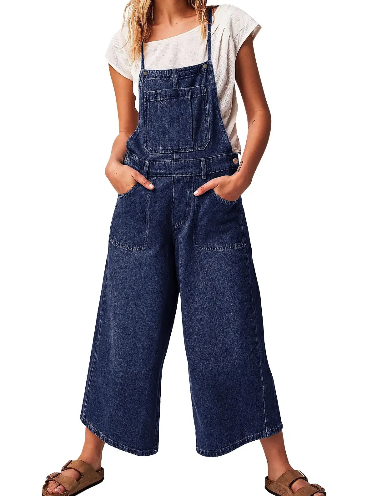 Ebossy Women's Strappy Floral Denim Overalls - Adjustable Spaghetti Strap, Vintage Fits, 90s Look, Loose Wide Leg, Baggy Crop Jean Bib Jumpsuit