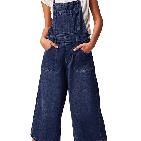 Ebossy Women's Classic Cotton Denim Overalls - Adjustable Spaghetti Straps, Retro 90s Vintage Look, Loose Wide Leg, Baggy Crop Jean Bib Jumpsuit, 6-Pocket Carry, 6Pocket Carry